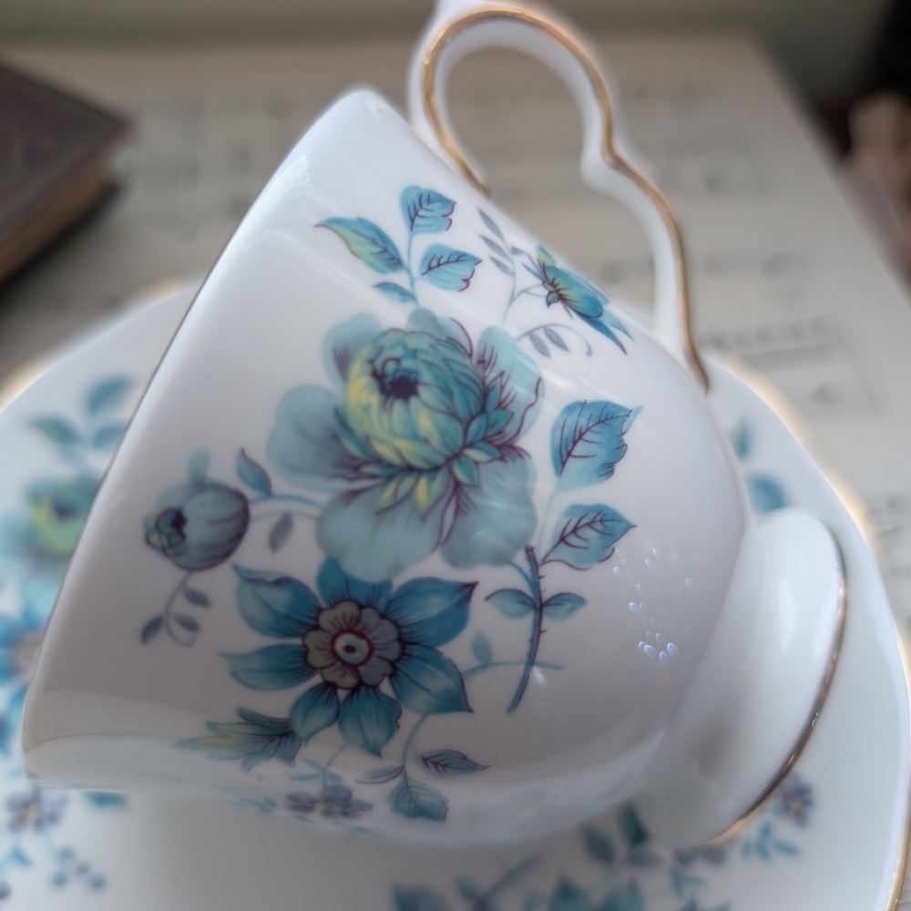 Queen Anne Blue Floral Teacup and Saucer Set with Gold Trim - Picture 3 of 10